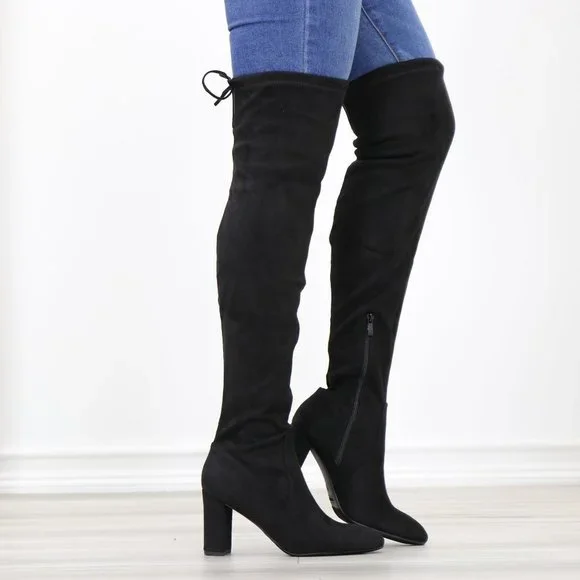 Black Thigh High Over The Knee Block High Heel Boots Pointy Toe Faux Suede - Picture 3 of 15